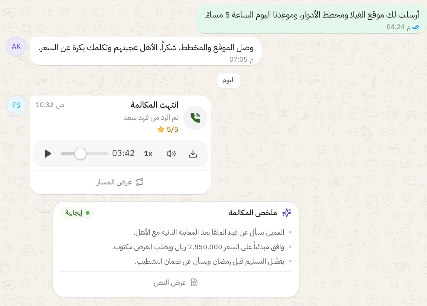 محادثة عميل فيها رسائل واتساب ثم بطاقة مكالمة مكتملة عليها اسم الموظف وتقييم 5 من 5 ومشغل التسجيل الصوتي، وتحتها ملخص المكالمة بثلاث نقاط وانطباع إيجابي