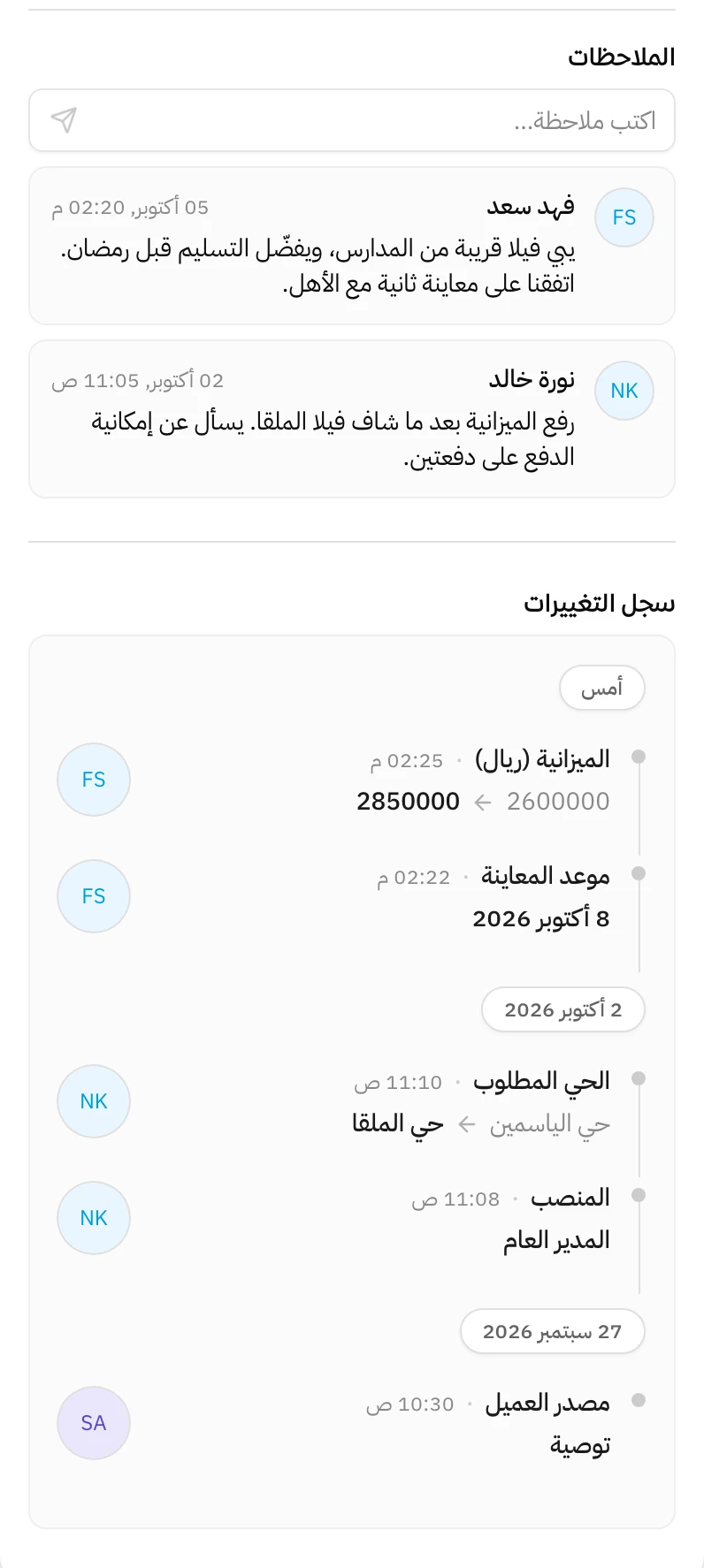قسم الملاحظات في ملف العميل وفيه ملاحظتين من فهد سعد ونورة خالد، وتحته سجل التغييرات مرتب بالأيام: الميزانية تغيرت من 2600000 إلى 2850000، وتعديلات على موعد المعاينة والحي المطلوب والمنصب ومصدر العميل
