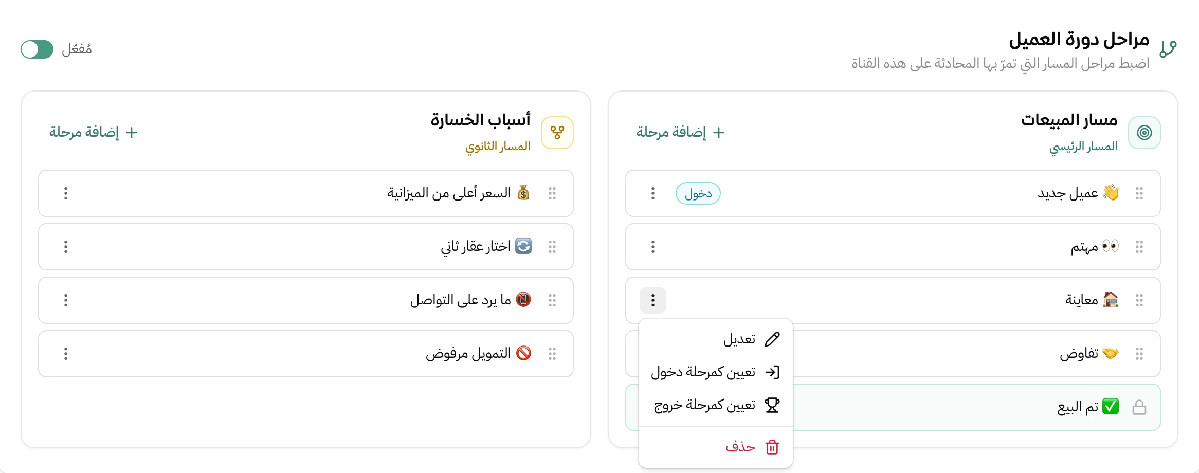 قسم مراحل دورة العميل في إعدادات القناة: بطاقة مسار المبيعات وفيها عميل جديد بعلامة دخول ثم مهتم ومعاينة وتفاوض وتم البيع بعلامة خروج، وبطاقة أسباب الخسارة وفيها أربعة أسباب، وقائمة مفتوحة على مرحلة معاينة فيها تعديل وتعيين كمرحلة دخول وتعيين كمرحلة خروج وحذف